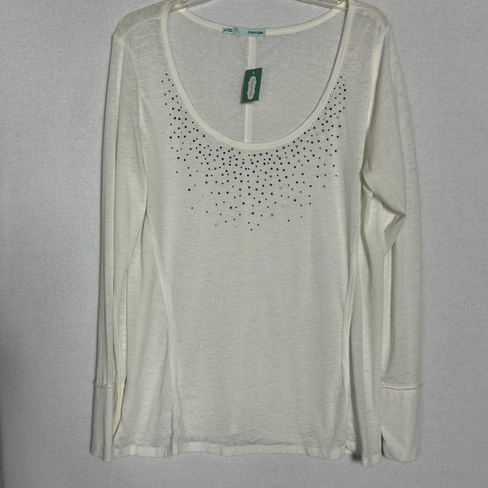 Maurices Shirt Womens XL White Long Sleeve Studded Scoop Neck Lightweight Top